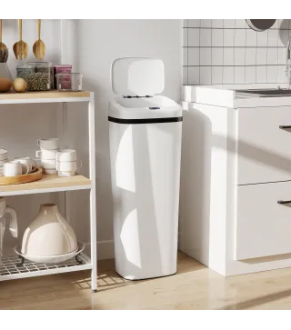 Cubo de Basura Cocina Automático 50 L Estrecha de Acero Inoxidable con Sensor Infrarrojo Modo Manual Antihuellas Blanco