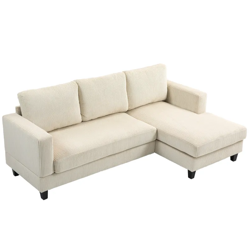 Sofá Chaise Longue de 3 Plazas en Forma de L Tapizado en Pana Asiento y Respaldo Acolchados 214x134x87 cm Beige
