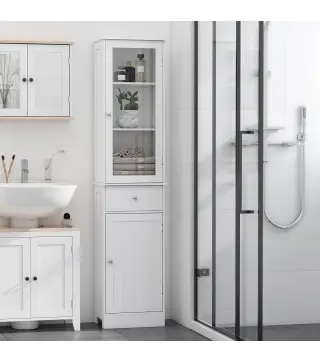 Armario de Baño Alto, Armario de Almacenaje Delgado, con Estantes Ajustables, Cajón, para Espacios Pequeños, Moderno, 40x27x171,