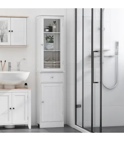 Armario de Baño Alto, Armario de Almacenaje Delgado, con Estantes Ajustables, Cajón, para Espacios Pequeños, Moderno, 40x27x171,