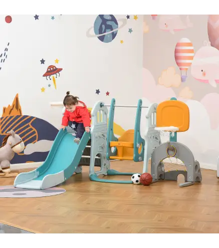 5 en 1 Tobogán y Columpio para Niños +18 Meses con 2 Canastas de Baloncesto Portería Fútbol con Asiento Ajustable Parque Infanti