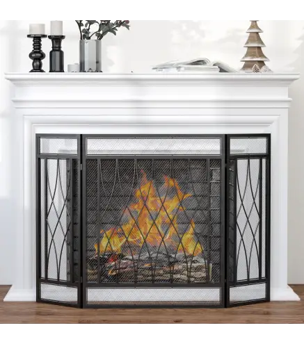 Pantalla Protectora de Chimenea Plegable de 3 Paneles con Bisagras y Estructura de Metal Decorativa 126x3x80 cm Negro