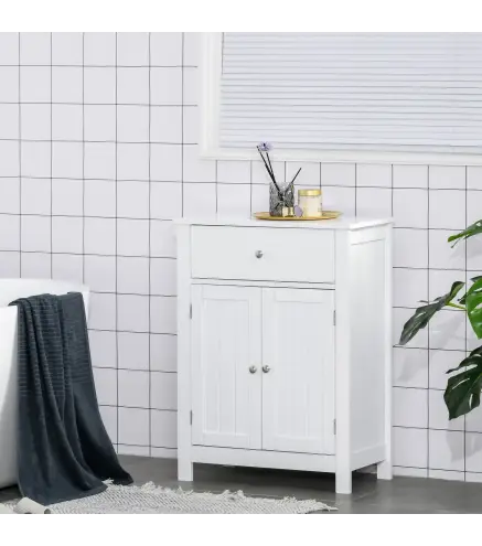 Armario de Baño con 1 Cajón 2 Puertas y Estante Interior Ajustable Mueble Auxiliar de Almacenaje Multifuncional para Salón Cocin