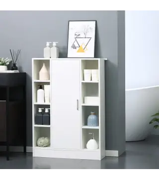 Armario de Suelo para Baño de Madera con 8 Compartimentos Abiertos y 1 Puerta con Estantes Ajustables Mueble Auxiliar Multiusos