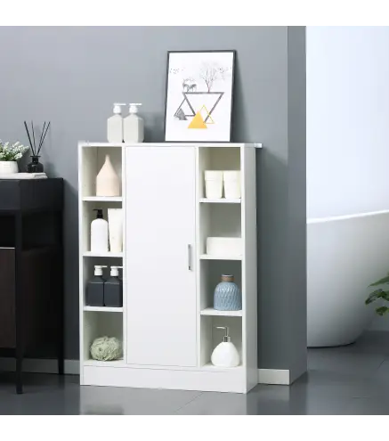 Armario de Suelo para Baño de Madera con 8 Compartimentos Abiertos y 1 Puerta con Estantes Ajustables Mueble Auxiliar Multiusos