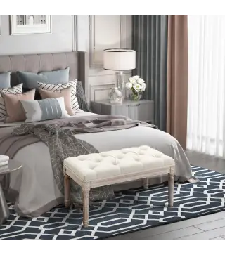 Banco Pie de Cama, Taburete Pie de Cama Tapizado en Lino Sintético con Patas de Madera y Asiento Acolchado, Estilo Vintage, Banc