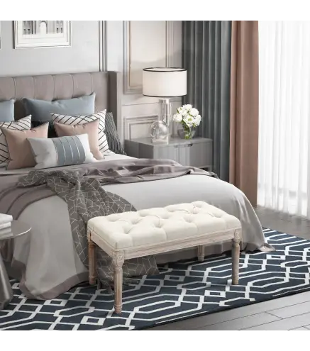 Banco Pie de Cama, Taburete Pie de Cama Tapizado en Lino Sintético con Patas de Madera y Asiento Acolchado, Estilo Vintage, Banc