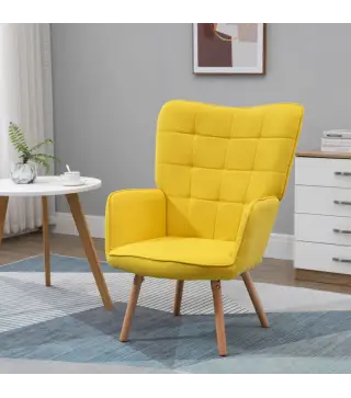 Sillón Individual con Respaldo Alto Reposabrazos Tela de Lino y Patas de Madera para Comedor Cocina 71x76x101cm Amarillo