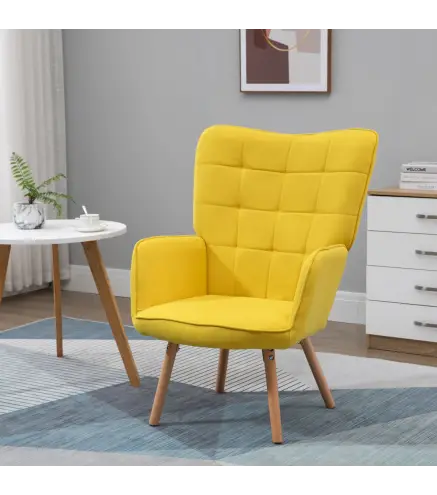 Sillón Individual con Respaldo Alto Reposabrazos Tela de Lino y Patas de Madera para Comedor Cocina 71x76x101cm Amarillo