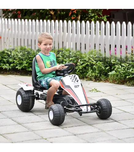 Go Kart a Pedales para Niños de +3 Años Coche de Pedales Infantil con Asiento Ajustable y Freno de Mano 104x66x57 cm Blanco y Ne