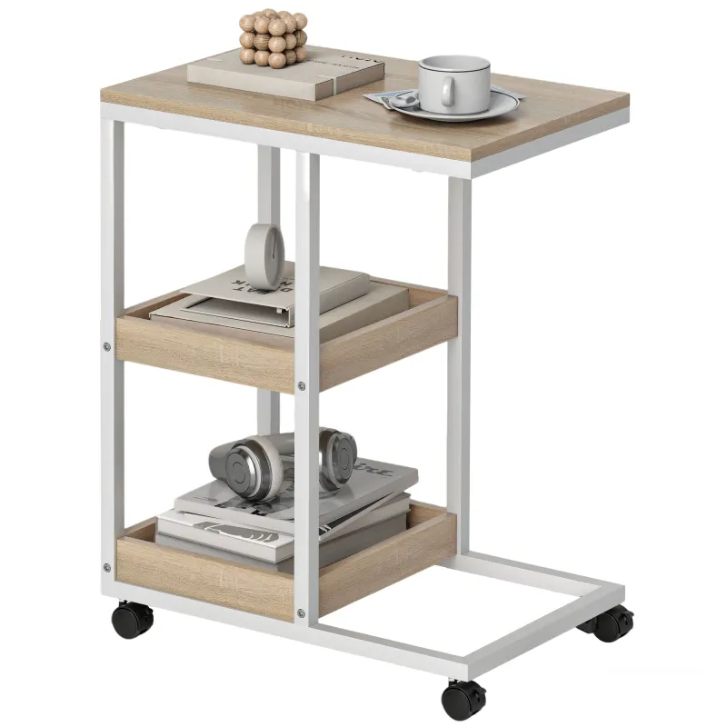 Mesa Auxiliar en Forma de C con Ruedas Estantes Abiertos y Marco de Acero para Salón Dormitorio 51x33x66cm Natural y Blanco