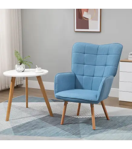 Sillón Individual con Respaldo Alto Reposabrazos Tela de Lino y Patas de Madera para Comedor Cocina 71x76x101cm Azul