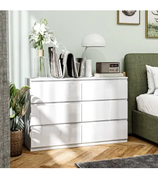 Cómoda Dormitorio con 6 Cajones Cajonera para Salón Oficina Estilo Moderno 112x34x75 cm Blanco Brillo