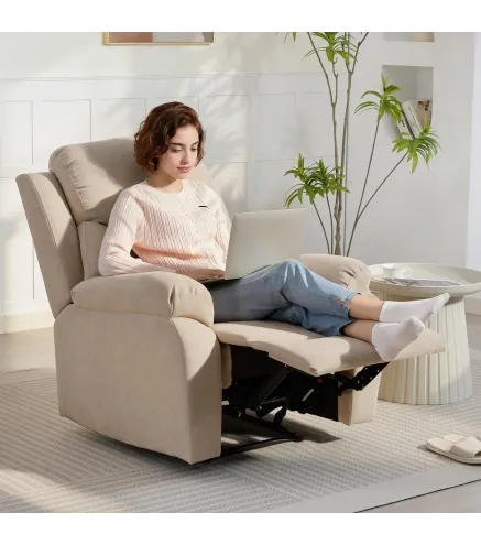 Sillón Relax Reclinable Manual Tapizado en Tela Aspecto Lino Reposapiés Reposabrazos Acolchado Grueso Beige