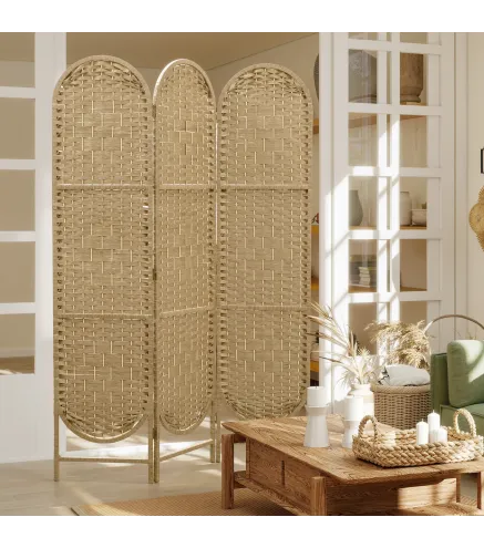 Biombo Separador de Ambientes 3 Paneles 120x170 cm con Parte Superior Arqueada Tejido a Mano Divisor Plegable Natural