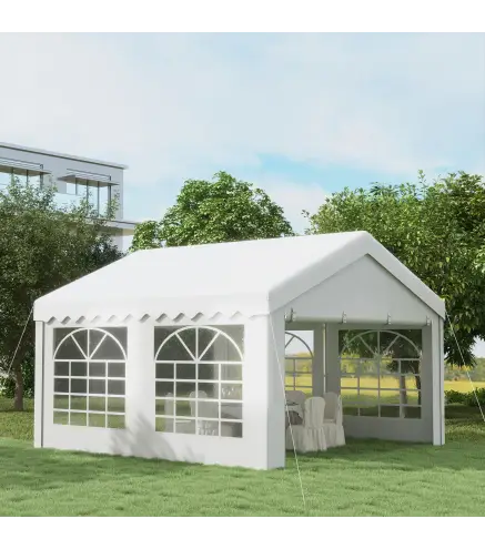 Carpa para Fiesta Cochera Gazebo 4x4m Pergola Cenador Pabellón 4 Paneles Laterales 6 Ventanas Anti-UV para Eventos Bodas Acero P