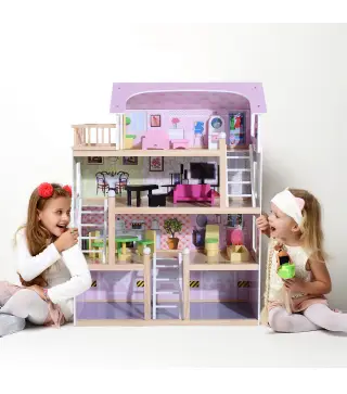 Casa de Muñecas Infantil con Muebles Casa de Muñecas de 4 Pisos con 13 Accesorios 60,5x30x80,5cm Rosa