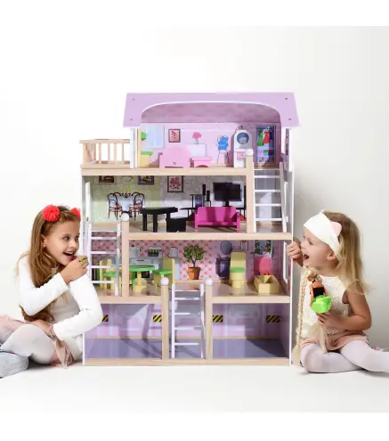 Casa de Muñecas Infantil con Muebles Casa de Muñecas de 4 Pisos con 13 Accesorios 60,5x30x80,5cm Rosa