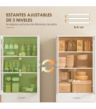 Alacena de Cocina con Puertas de Vidrio Cajón Estantes Ajustables para Comedor Salón 60x35x180 cm Blanco