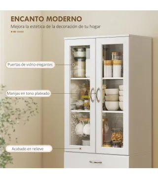Alacena de Cocina con Puertas de Vidrio Cajón Estantes Ajustables para Comedor Salón 60x35x180 cm Blanco
