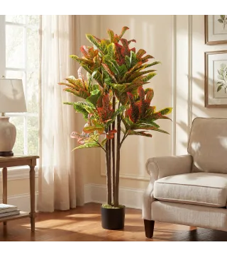 Crotón Artificial 120 cm Planta Artificial Decorativa con Maceta y Hojas para Decoración del Interior Multicolor