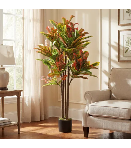Crotón Artificial 120 cm Planta Artificial Decorativa con Maceta y Hojas para Decoración del Interior Multicolor