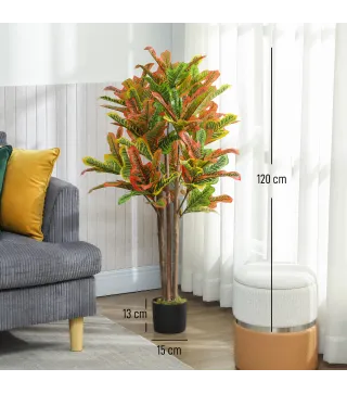 Crotón Artificial 120 cm Planta Artificial Decorativa con Maceta y Hojas para Decoración del Interior Multicolor