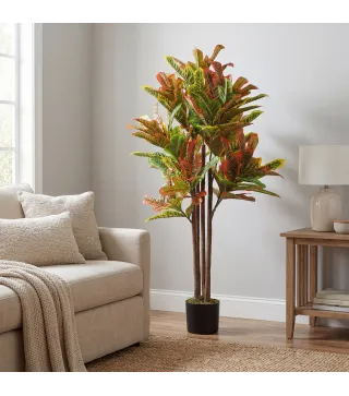 Crotón Artificial 120 cm Planta Artificial Decorativa con Maceta y Hojas para Decoración del Interior Multicolor