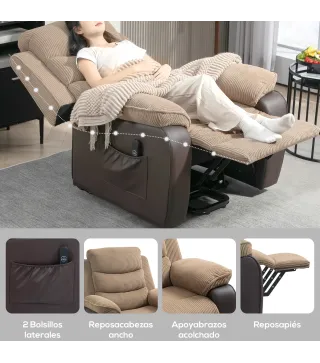 Sillón Relax Reclinable Eléctrico Levanta Personas con Mando a Distancia Puerto USB y Bolsillos Laterales Marrón