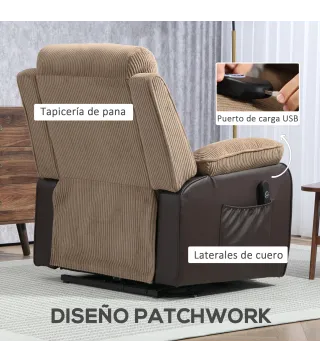 Sillón Relax Reclinable Eléctrico Levanta Personas con Mando a Distancia Puerto USB y Bolsillos Laterales Marrón