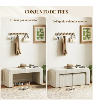 Juego de 3 Bancos Zapateros Grande y 2 Pequeños Modernos de Pana Diseño Compacto Mesa Auxiliar 104x44x48 cm Crema