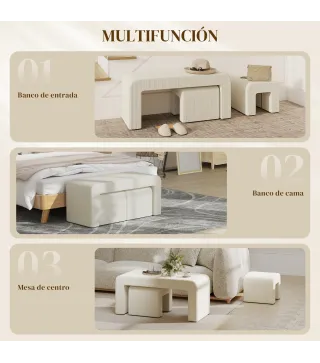 Juego de 3 Bancos Zapateros Grande y 2 Pequeños Modernos de Pana Diseño Compacto Mesa Auxiliar 104x44x48 cm Crema