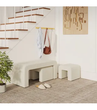 Juego de 3 Bancos Zapateros Grande y 2 Pequeños Modernos de Pana Diseño Compacto Mesa Auxiliar 104x44x48 cm Crema