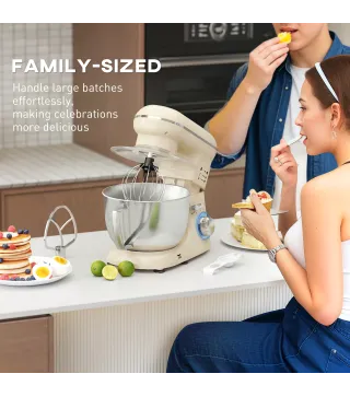 Batidora Amasadora 4,5L 1300W 6 Velocidades Bol de Acero Inoxidable Batidor Gancho Varilla Beige