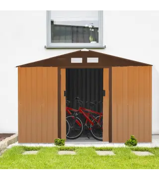 Cobertizo de Jardín 4,9 m² 277x195x192 cm con 2 Puertas Corredizas Base Refuerzo (Suelo NO Incluido) Amarillo