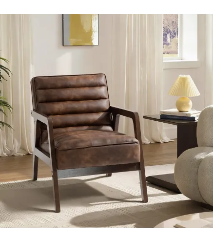 Butaca de Salón Tapizado en PU con Marco de Madera Maciza Asiento Acolchado para Sala de Estar Dormitorio Marrón