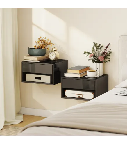 Juego de 2 Mesitas de Noche Flotantes Mesillas de Noche con Cajón para Dormitorio 37x32x21 cm Negro Brillo