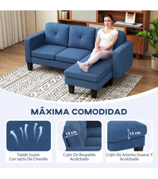 Sofá Chaise Longue Reversible con Estructura de Acero Tapizado en Chenilla 186x130x84cm Azul