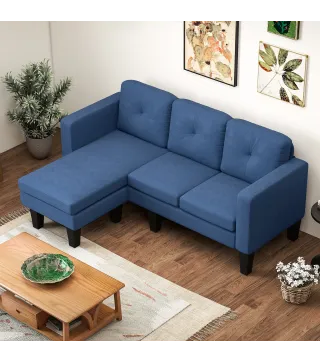 Sofá Chaise Longue Reversible con Estructura de Acero Tapizado en Chenilla 186x130x84cm Azul