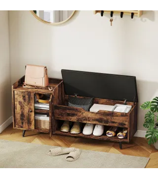 Banco Zapatero Industrial con Asiento Acolchado Compartimento Oculto Estantes Puertas 127x35x59 cm Marrón Rústico