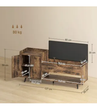 Banco Zapatero Industrial con Asiento Acolchado Compartimento Oculto Estantes Puertas 127x35x59 cm Marrón Rústico