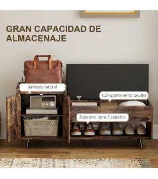 Banco Zapatero Industrial con Asiento Acolchado Compartimento Oculto Estantes Puertas 127x35x59 cm Marrón Rústico