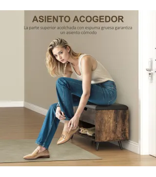 Banco Zapatero Industrial con Asiento Acolchado Compartimento Oculto Estantes Puertas 127x35x59 cm Marrón Rústico