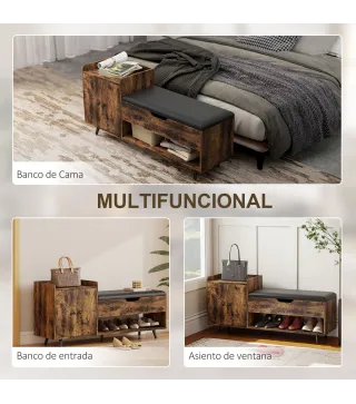 Banco Zapatero Industrial con Asiento Acolchado Compartimento Oculto Estantes Puertas 127x35x59 cm Marrón Rústico