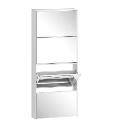 Zapatero Estrecho con Espejo y 4 Puertas Abatibles para 12 Pares de Zapatos 63x17x146 cm Blanco