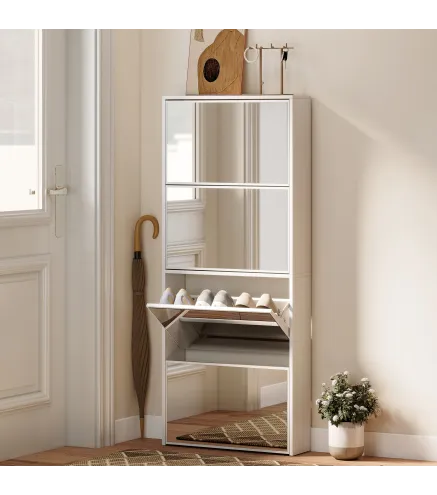 Zapatero Estrecho con Espejo y 4 Puertas Abatibles para 12 Pares de Zapatos 63x17x146 cm Blanco