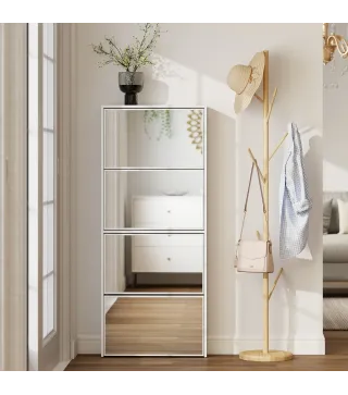 Zapatero Estrecho con Espejo y 4 Puertas Abatibles para 12 Pares de Zapatos 63x17x146 cm Blanco