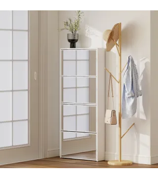 Zapatero Estrecho con Espejo y 4 Puertas Abatibles para 12 Pares de Zapatos 63x17x146 cm Blanco