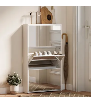 Zapatero Entrada Recibidor con 3 Puertas con Espejo Zapatero Estrecho para 9 Pares de Zapatos 65x17x114,5 cm Blanco