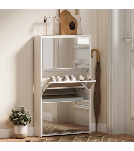 Zapatero Entrada Recibidor con 3 Puertas con Espejo Zapatero Estrecho para 9 Pares de Zapatos 65x17x114,5 cm Blanco